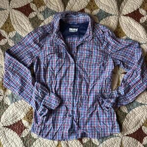 Columbia blue & red plaid button-up Omni shade shirt fishing granola outdoor